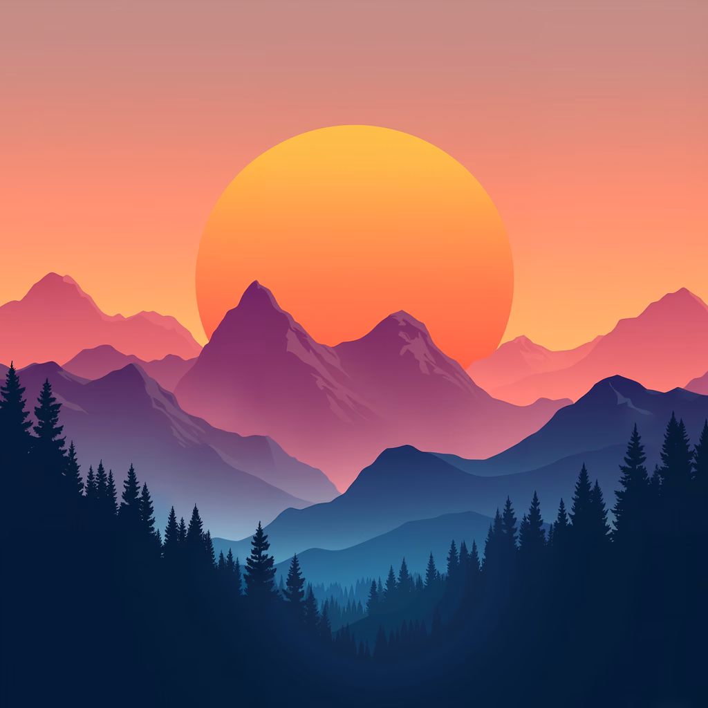 A peaceful mountain sunset with soft purples and blues, evoking tranquility.