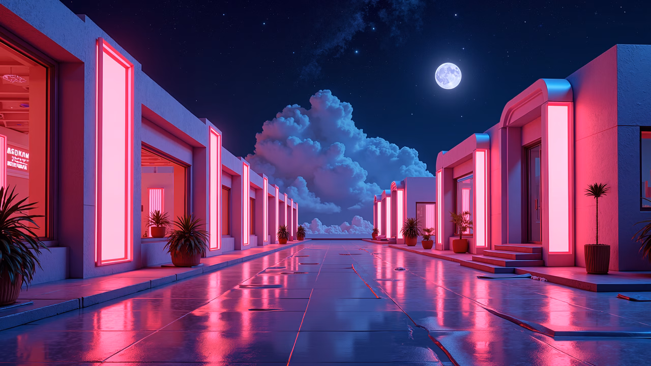 Futuristic neon-lit cityscape under a serene moonlit sky.