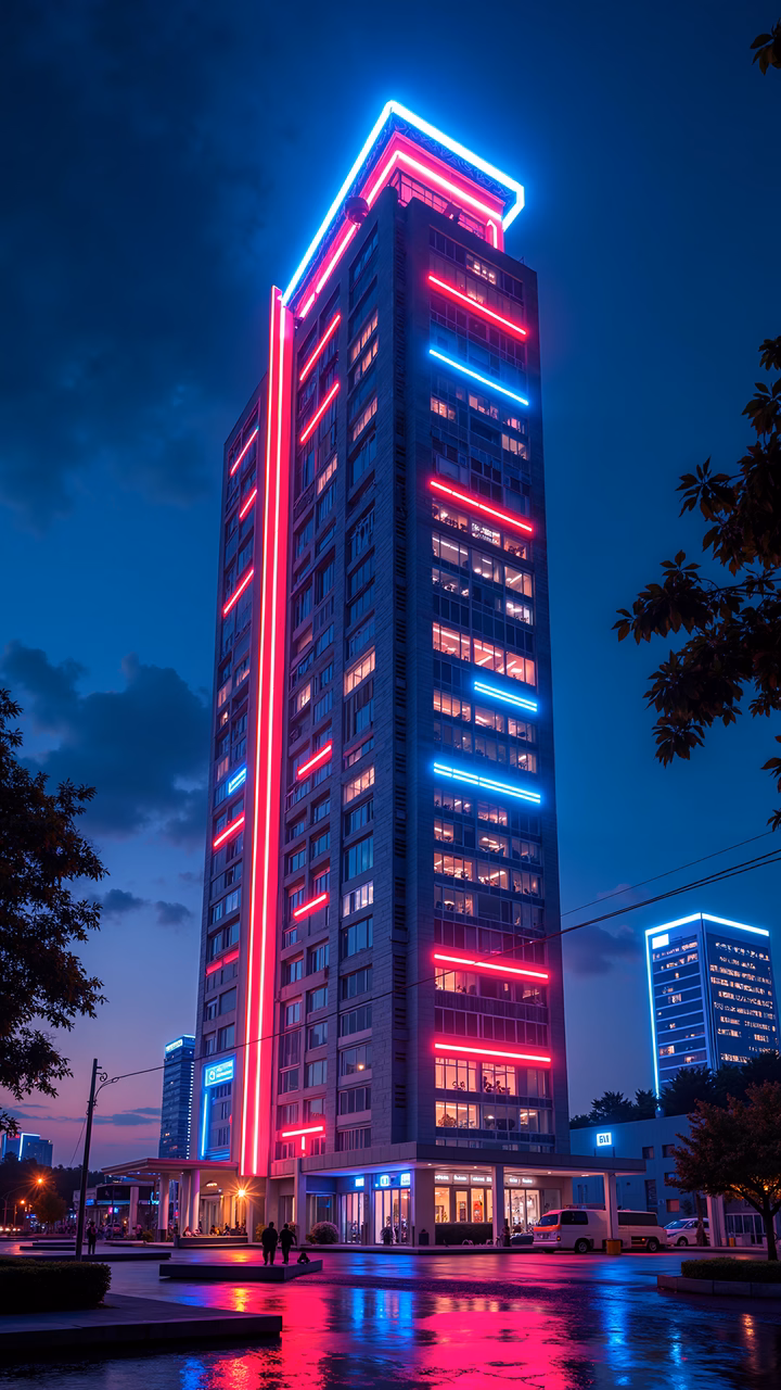 Vibrant neon lights illuminate a modern high-rise building at night, reflecting off wet pavement.