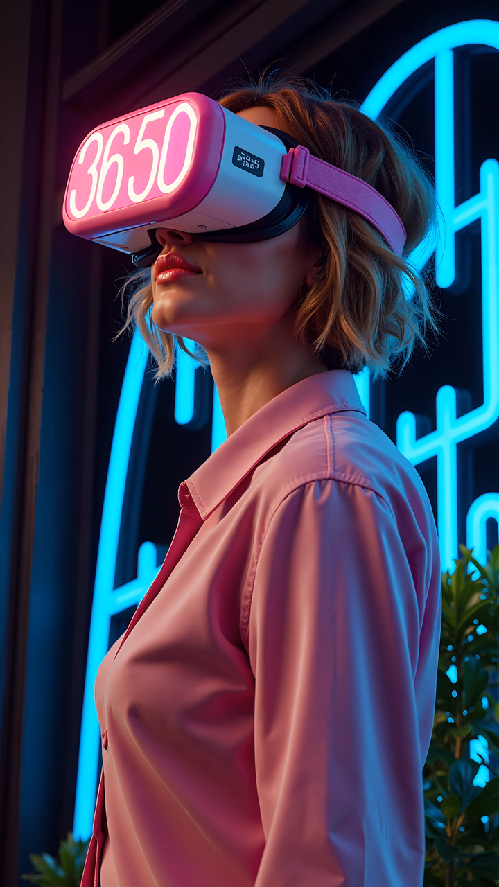 Futuristic VR experience with neon lights and sleek attire.