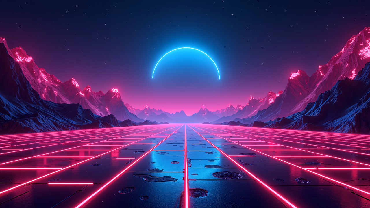 Futuristic neon landscape with glowing moon and laser beams.