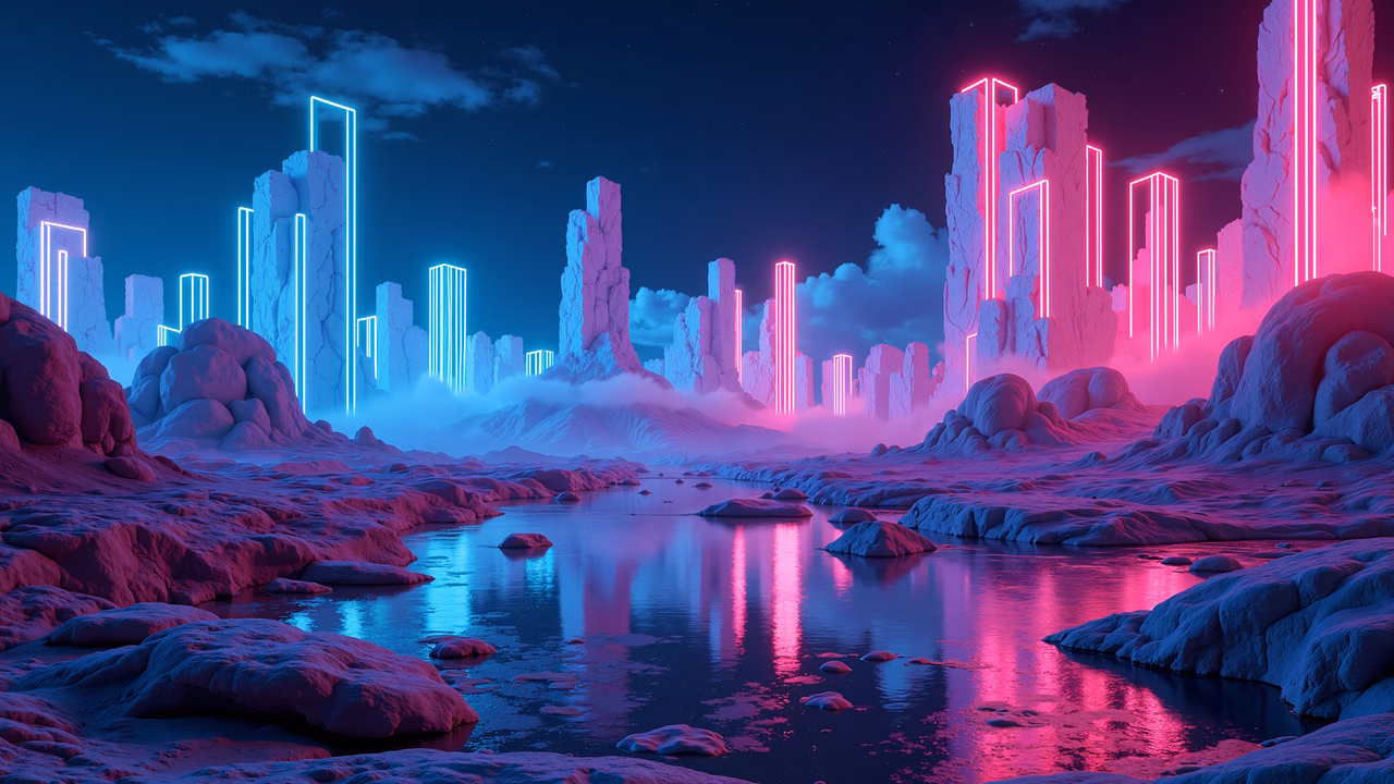 Vibrant neon lights illuminate a fantastical landscape under a starlit sky.
