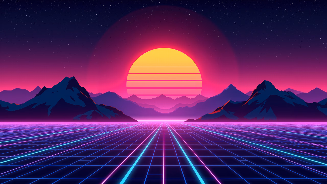 Vibrant neon retro landscape with glowing sun and grid road.