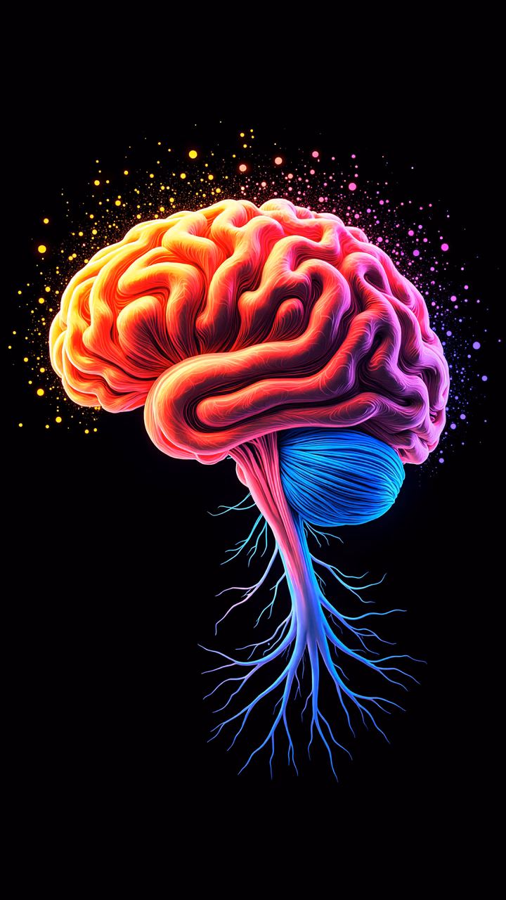 Vibrant brain illustration with colorful particles on a black background.