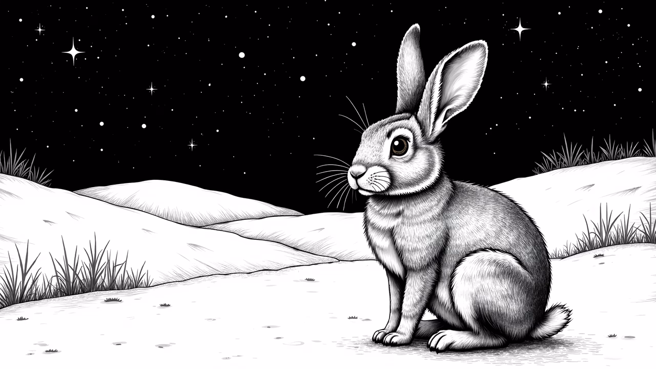 A peaceful night scene with a rabbit sitting on a sandy dune under a starry sky.