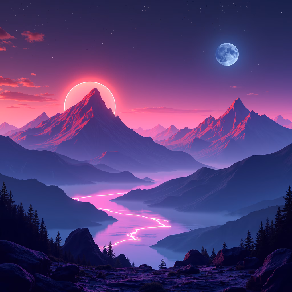 A tranquil night scene with mountains, a lake, and a glowing moon.
