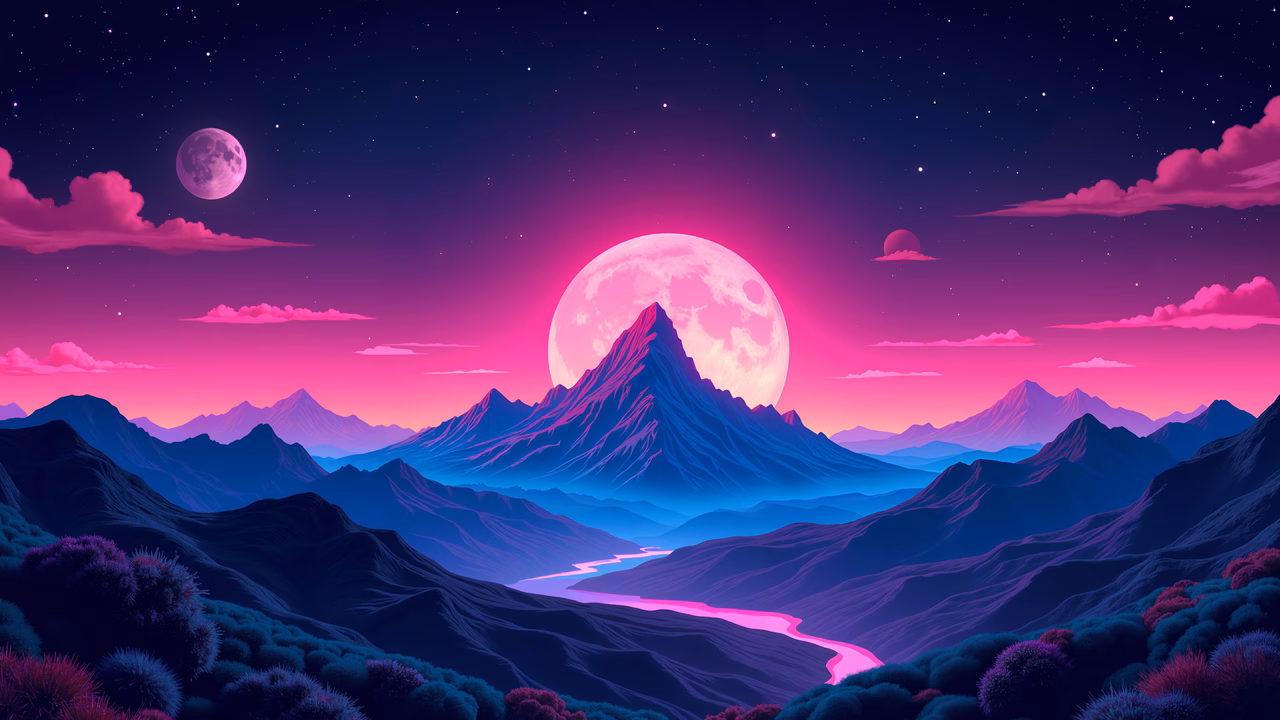 A tranquil nighttime landscape with mountains and a glowing moon.