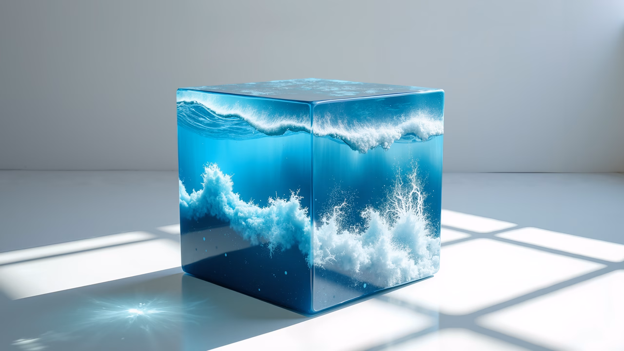Dynamic ocean waves encapsulated within a transparent cube, showcasing vibrant blues and whites.
