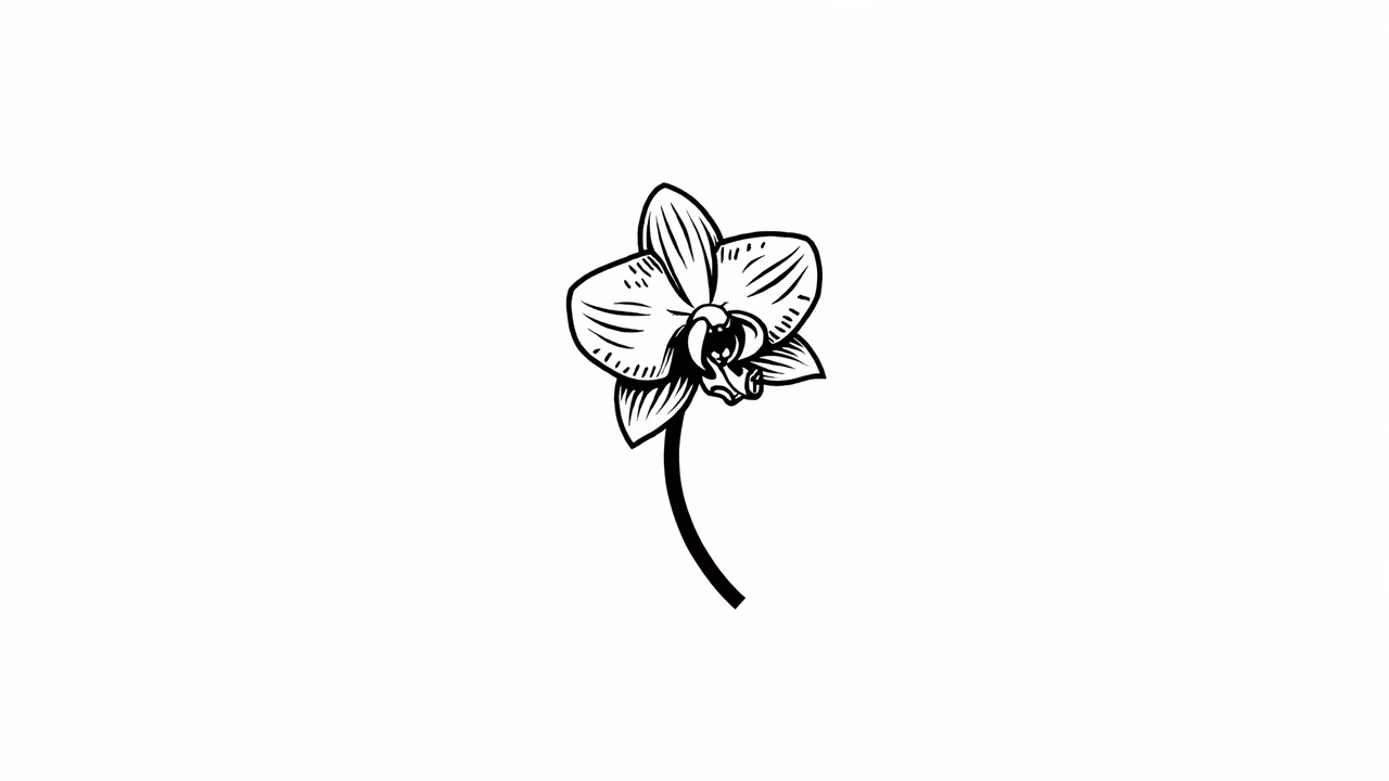 Detailed black-and-white orchid illustration, elegant botanical art.