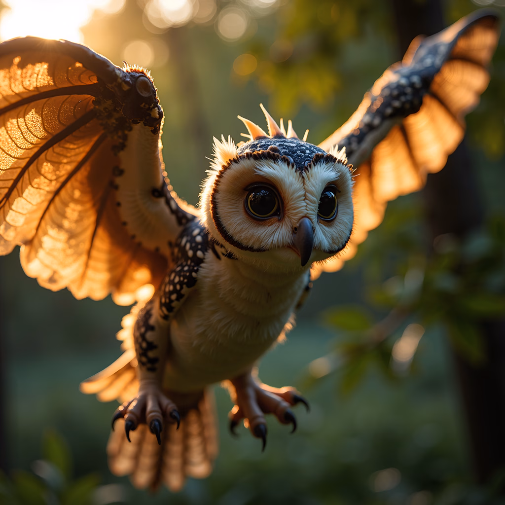 Detail-rich illustration of an owl in flight, set against a soft, sunlit backdrop.