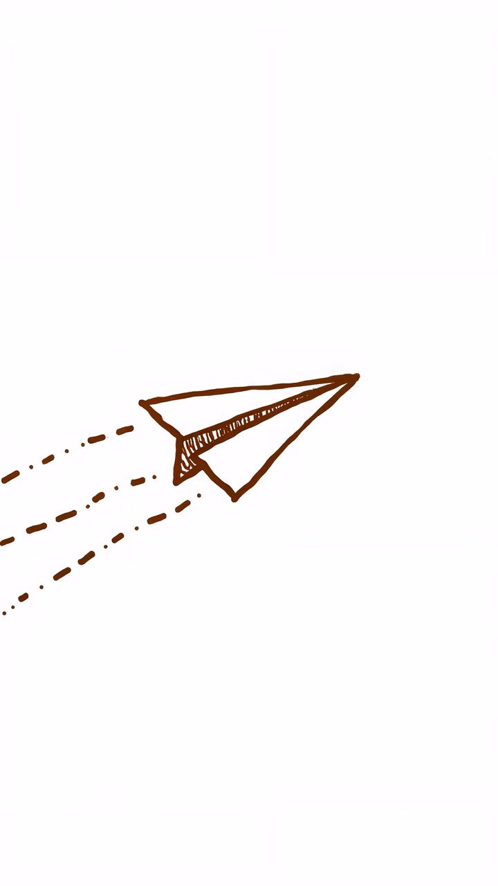 Minimalist paper airplane sketch with dotted trail, evoking nostalgia and creativity.
