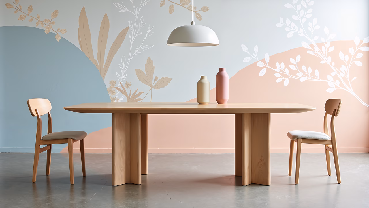 Minimalist dining space with pastel colors and botanical details.