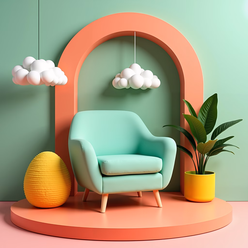 Pastel green armchair in a whimsical, colorful interior setting.