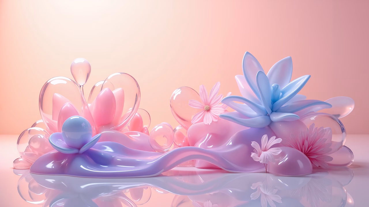 Whimsical pastel landscape with floating flowers and bubbles, evoking tranquility and wonder.
