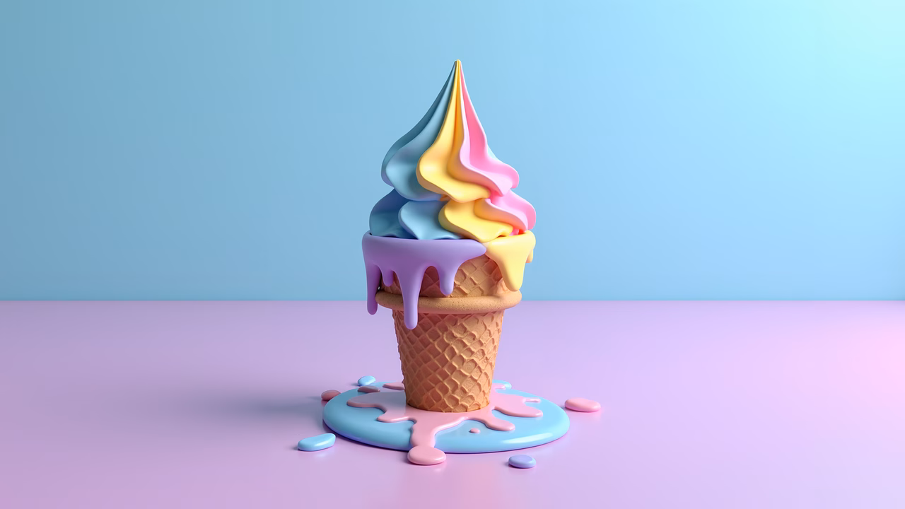 A colorful, melting ice cream cone against a pastel gradient backdrop.