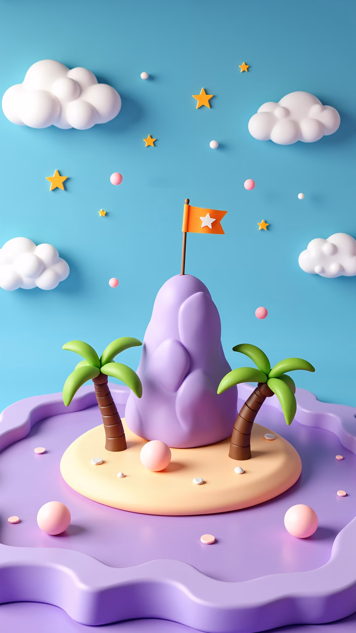 A colorful, dreamy island adventure with pastel tones and whimsical details.
