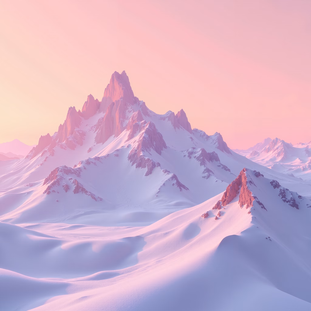 A tranquil pastel-colored mountain landscape with majestic peaks and a serene atmosphere.