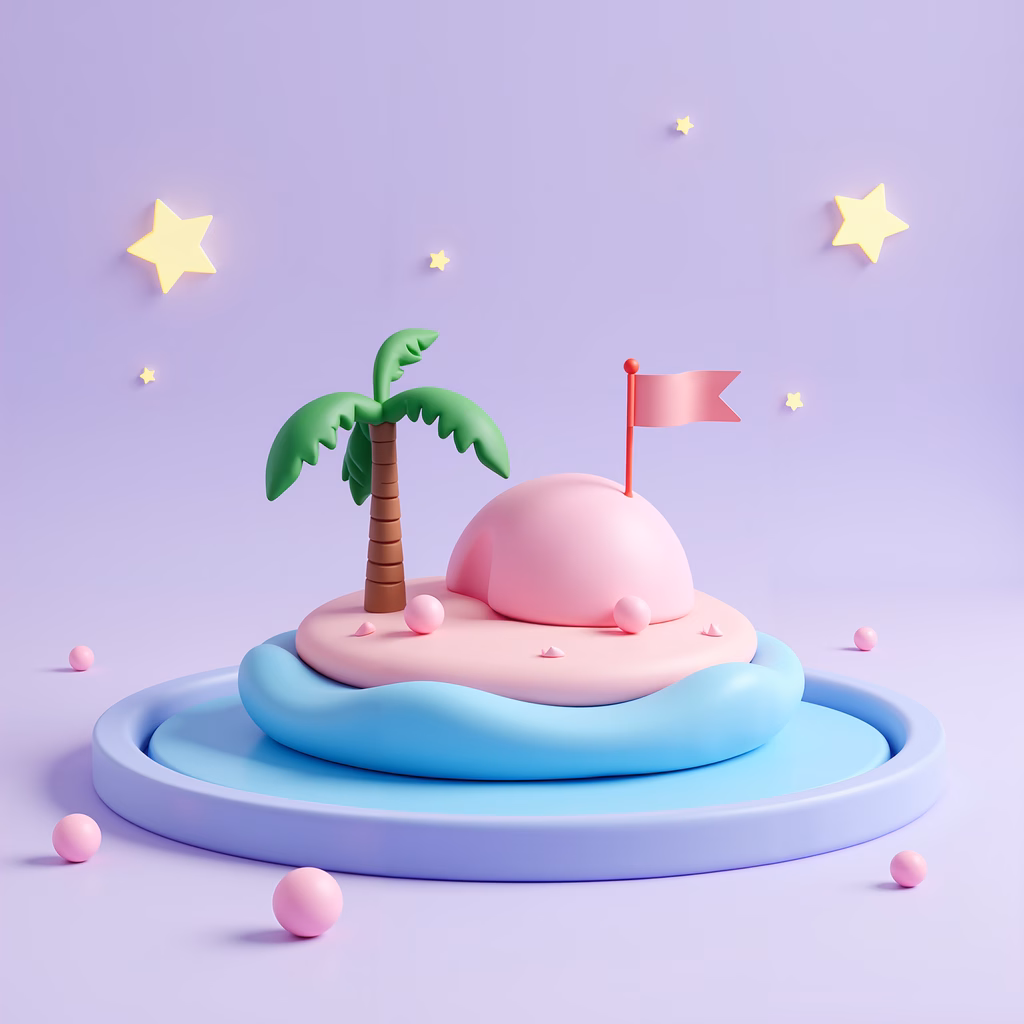 A charming pastel-colored island with a palm tree and a pink flag, set against a starry sky.