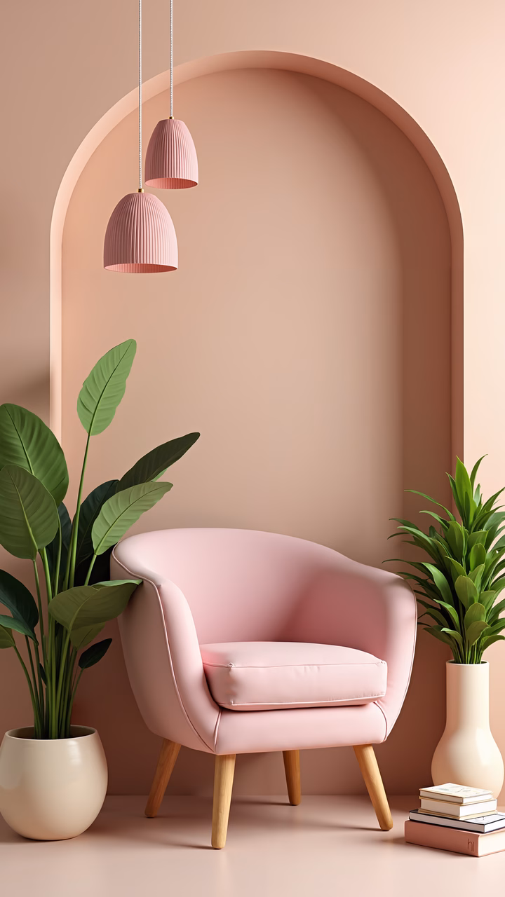 Minimalist pastel pink interior with armchair and plants