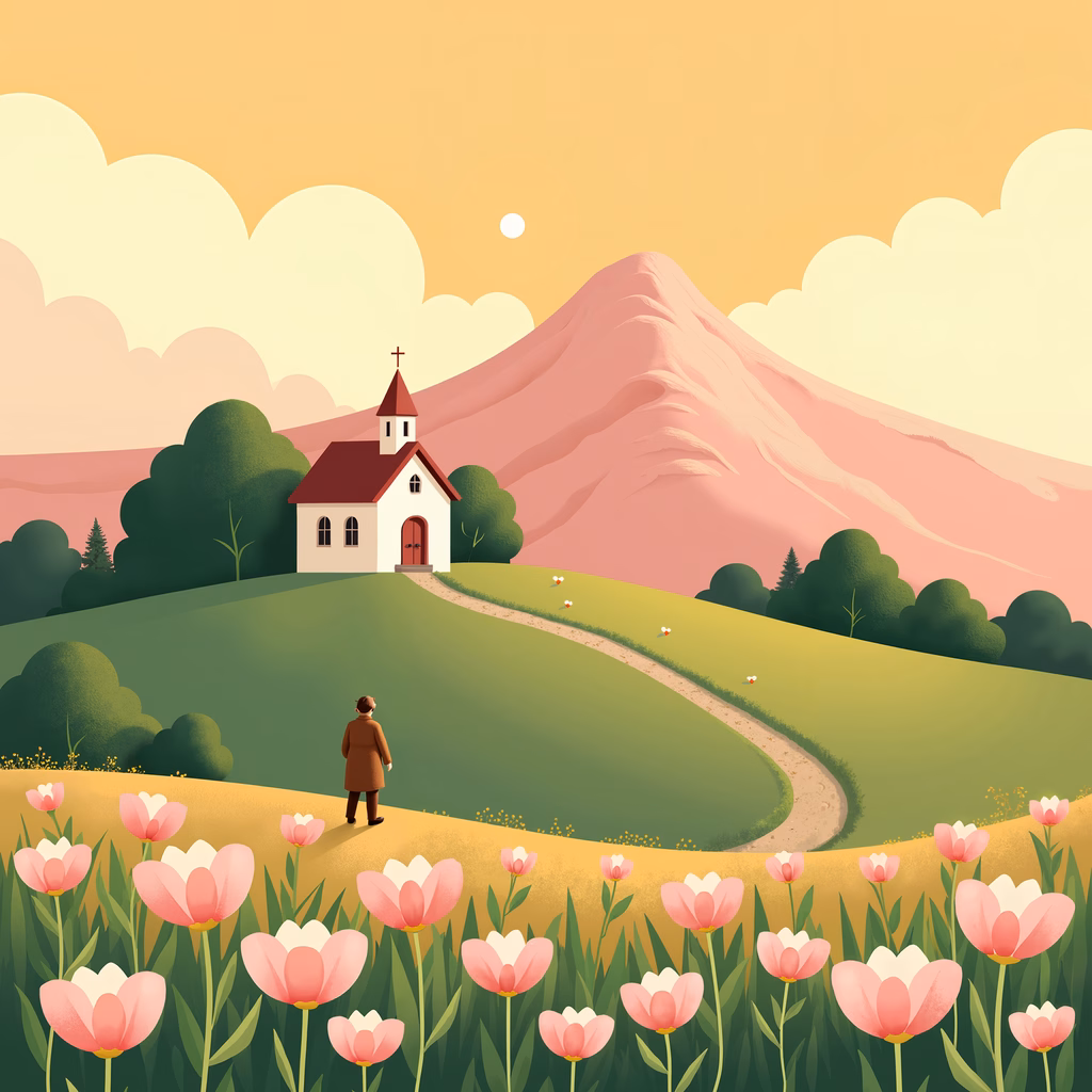 Solitary figure walking through a field of tulips towards a church on a hillside.
