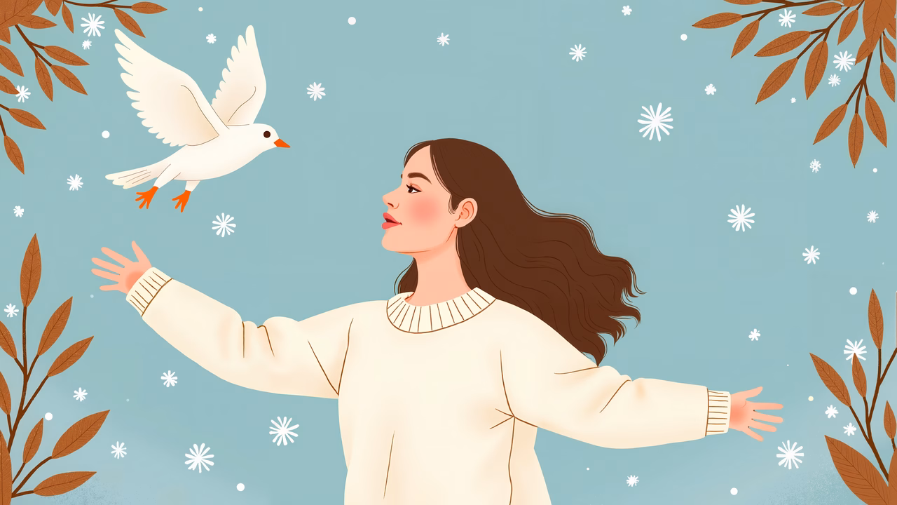 A woman reaching out to a dove amidst a snowy, autumnal setting.