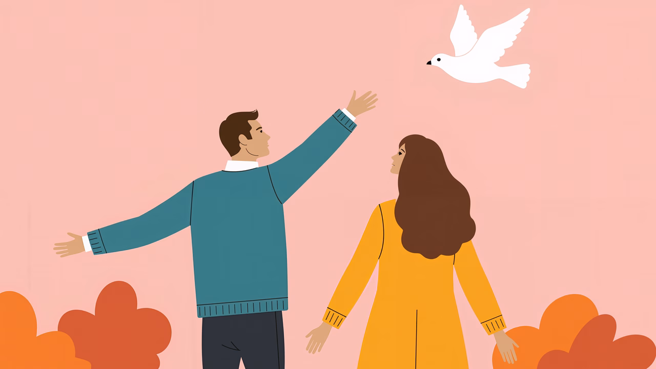 A man reaching for a dove as a woman watches, symbolizing peace and harmony.