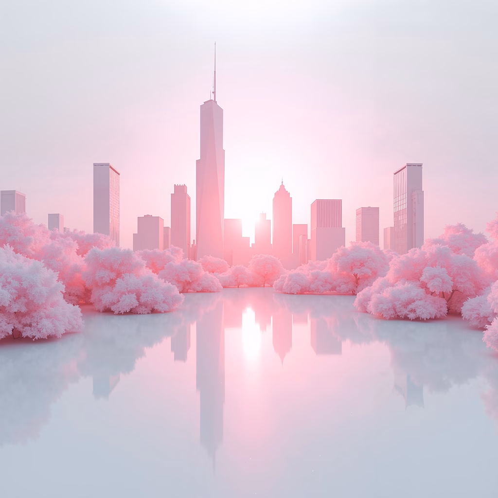 A serene urban landscape in soft pink tones, blending city and nature.