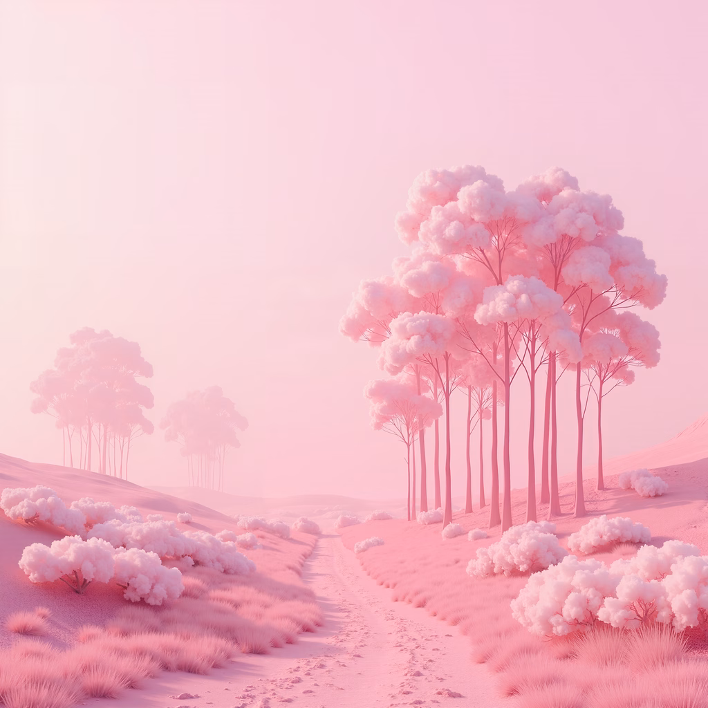 Whimsical pink landscape with cloud-like trees and cotton-like vegetation.