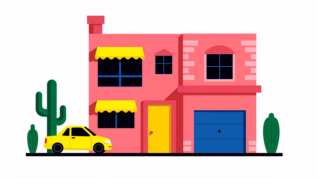 Brightly colored illustration of a pink house with a yellow car and cactus.