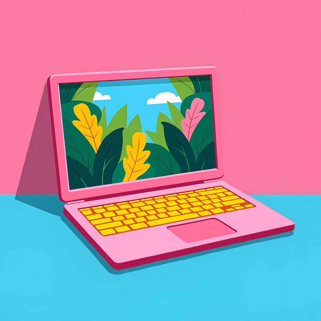 A cheerful pink laptop with a vibrant forest scene on its screen, blending technology and nature.