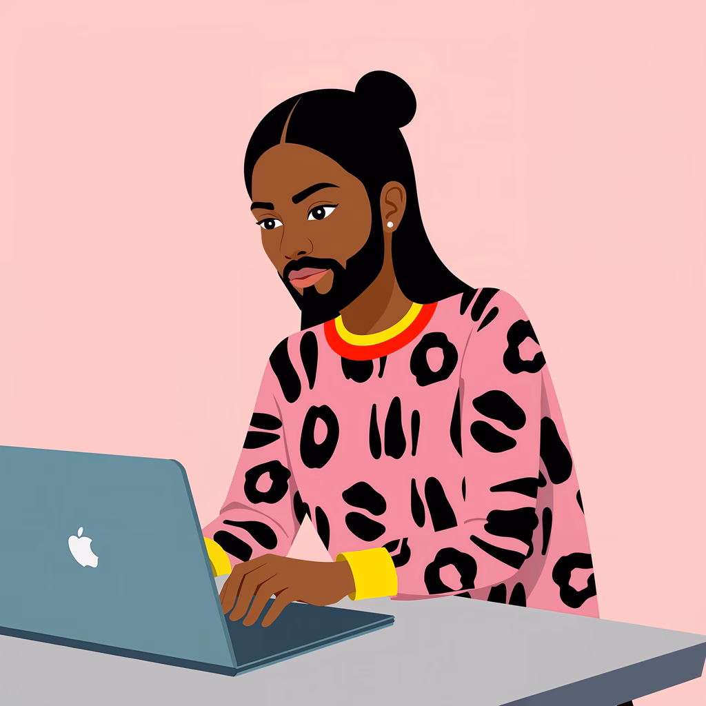 Bold leopard print sweater on a person working on a laptop against a pink backdrop.