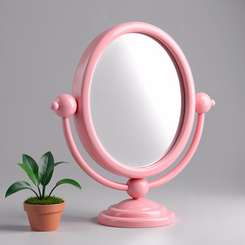 A stylish pink mirror with a minimalist plant backdrop.