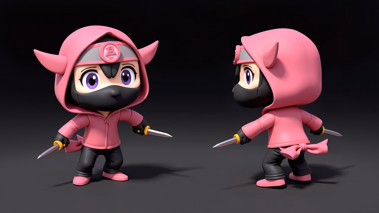 Two identical pink ninjas standing side by side, each holding a knife, against a dark backdrop.