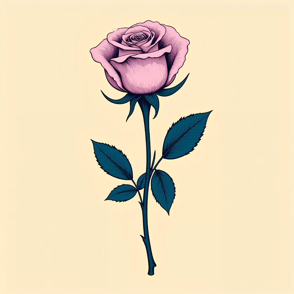 Detailed pink rose illustration with vibrant colors and intricate details.