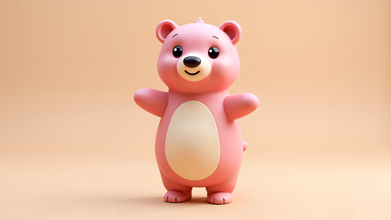 Cute pink teddy bear with a friendly smile, standing upright on its hind legs against a warm beige background.
