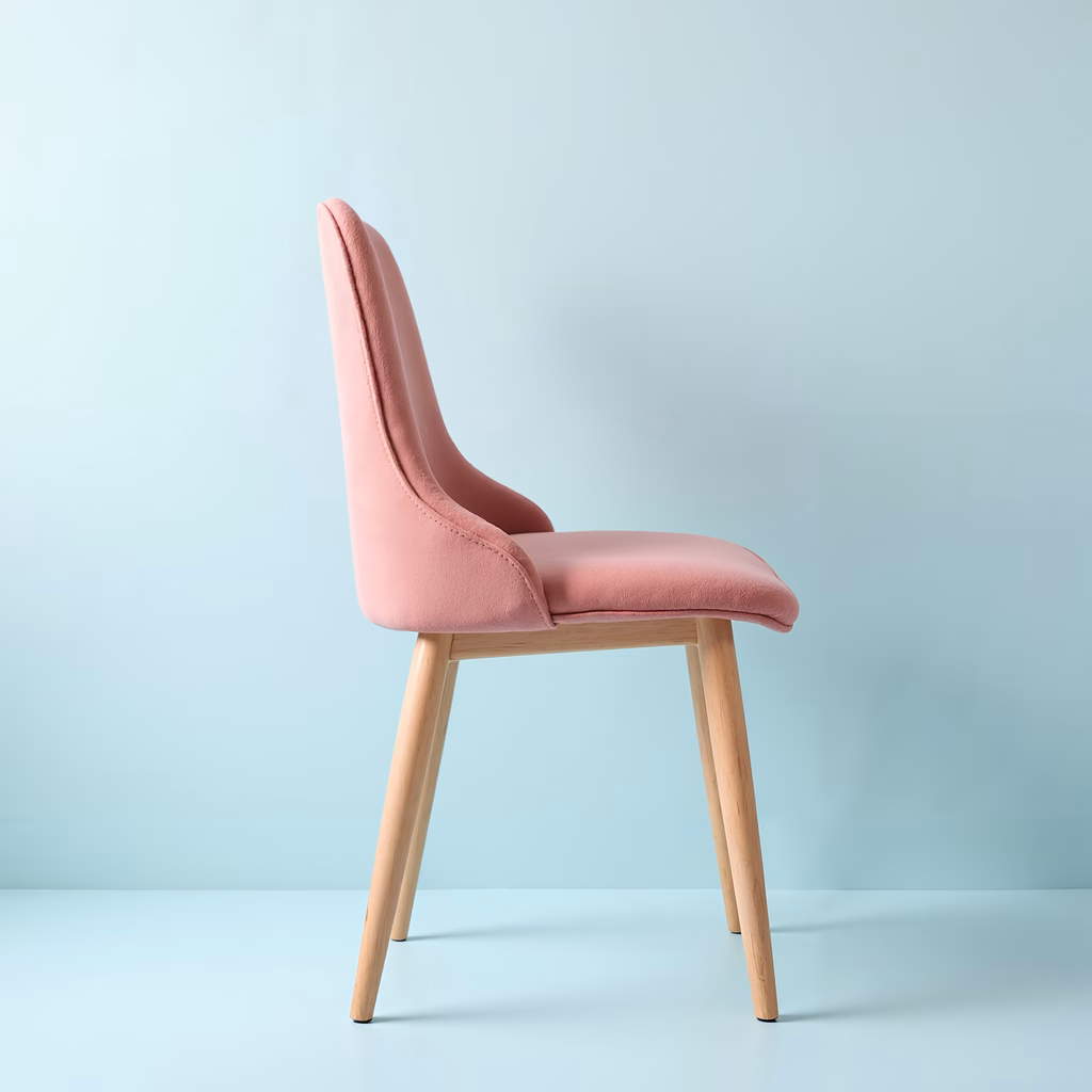 Minimalist pink velvet chair with wooden legs on a pastel blue background.