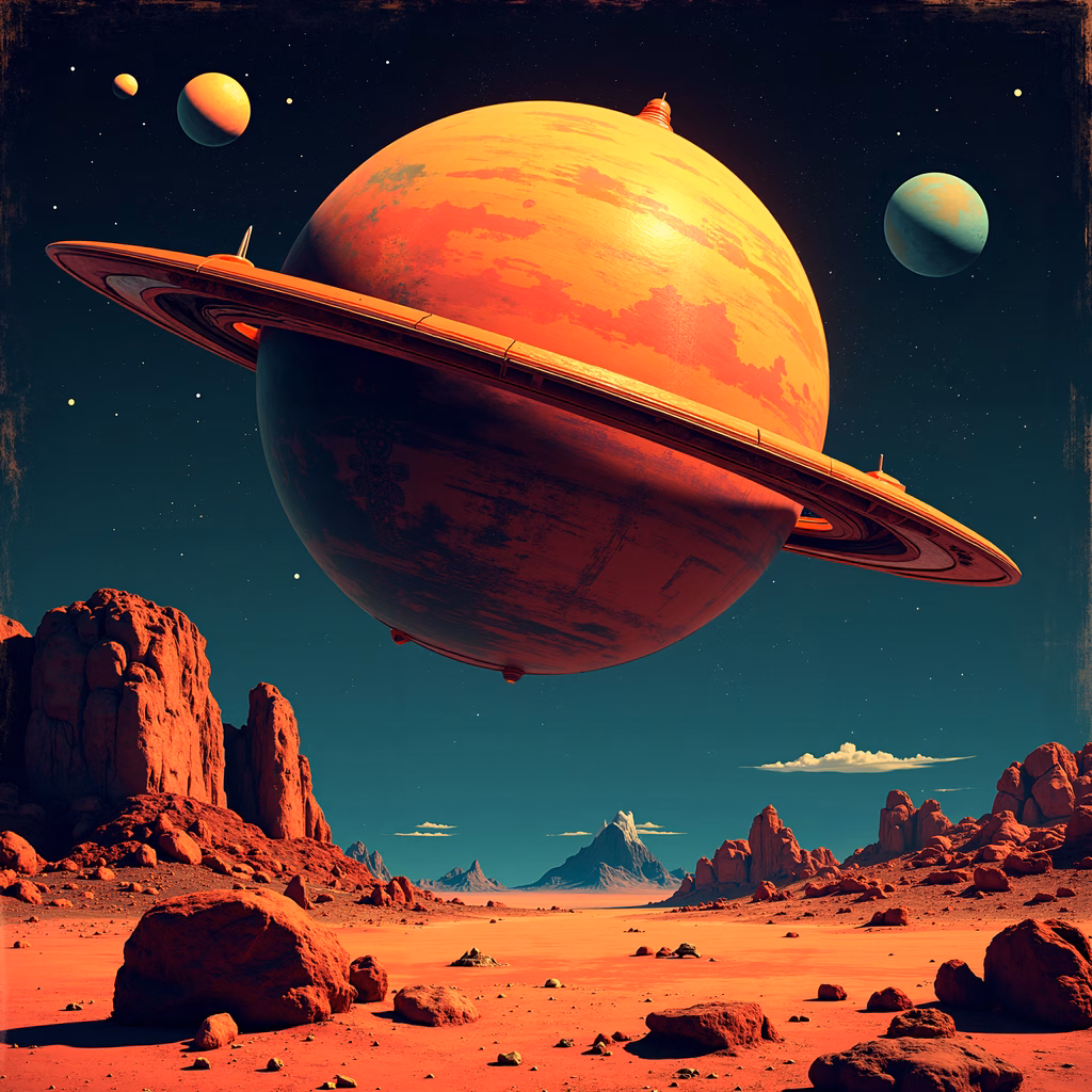 A fantastical planetary scene with warm colors and celestial bodies.