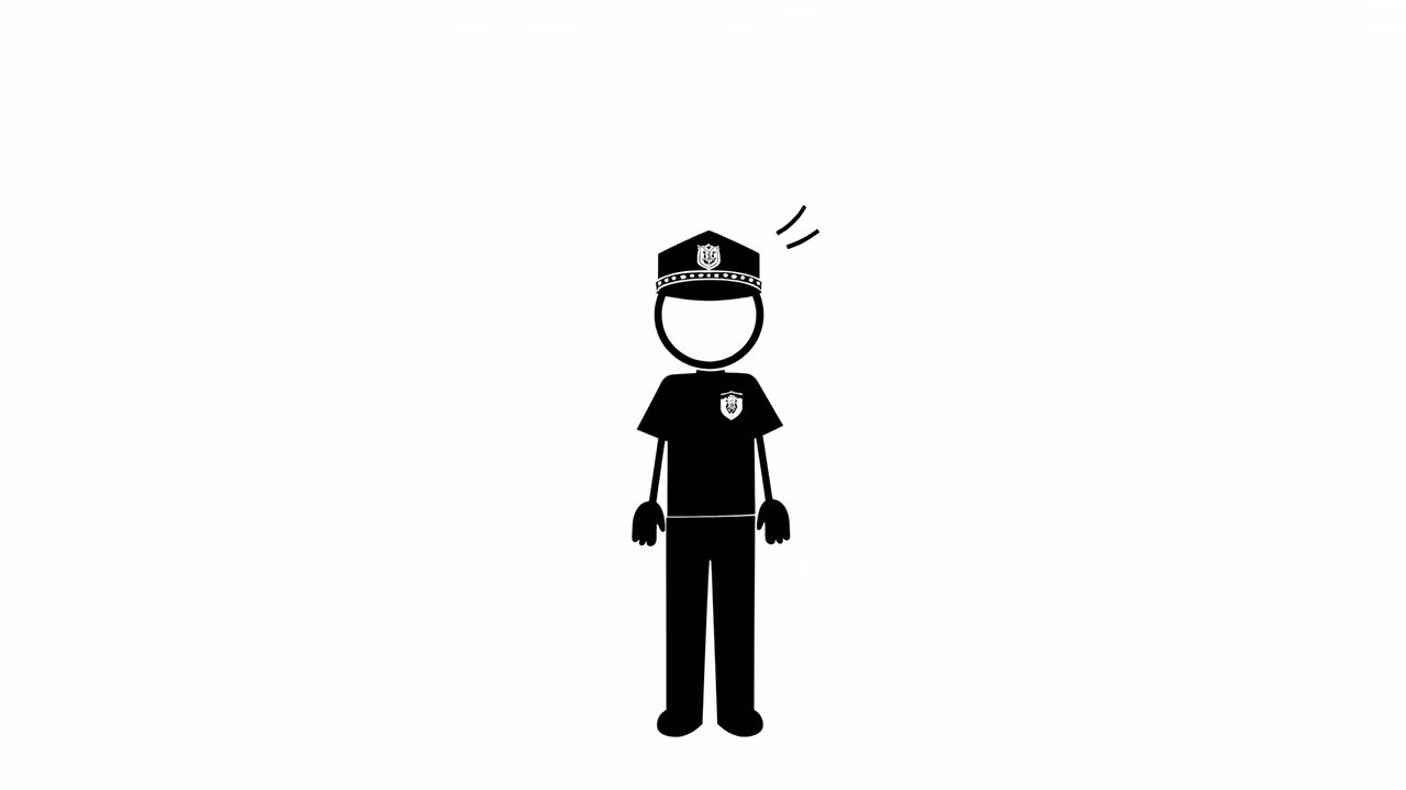Minimalist police officer illustration in black and white.
