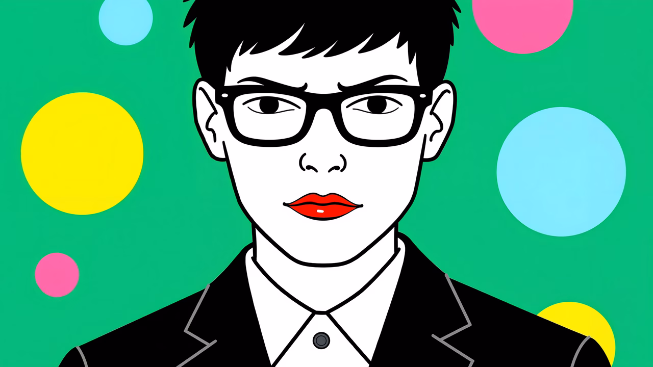 Vibrant pop art portrait with bold lines and colorful circles on a green background.