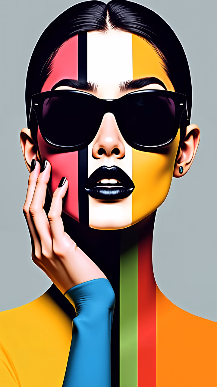 Bold pop art portrait with striking colors and elegant details.