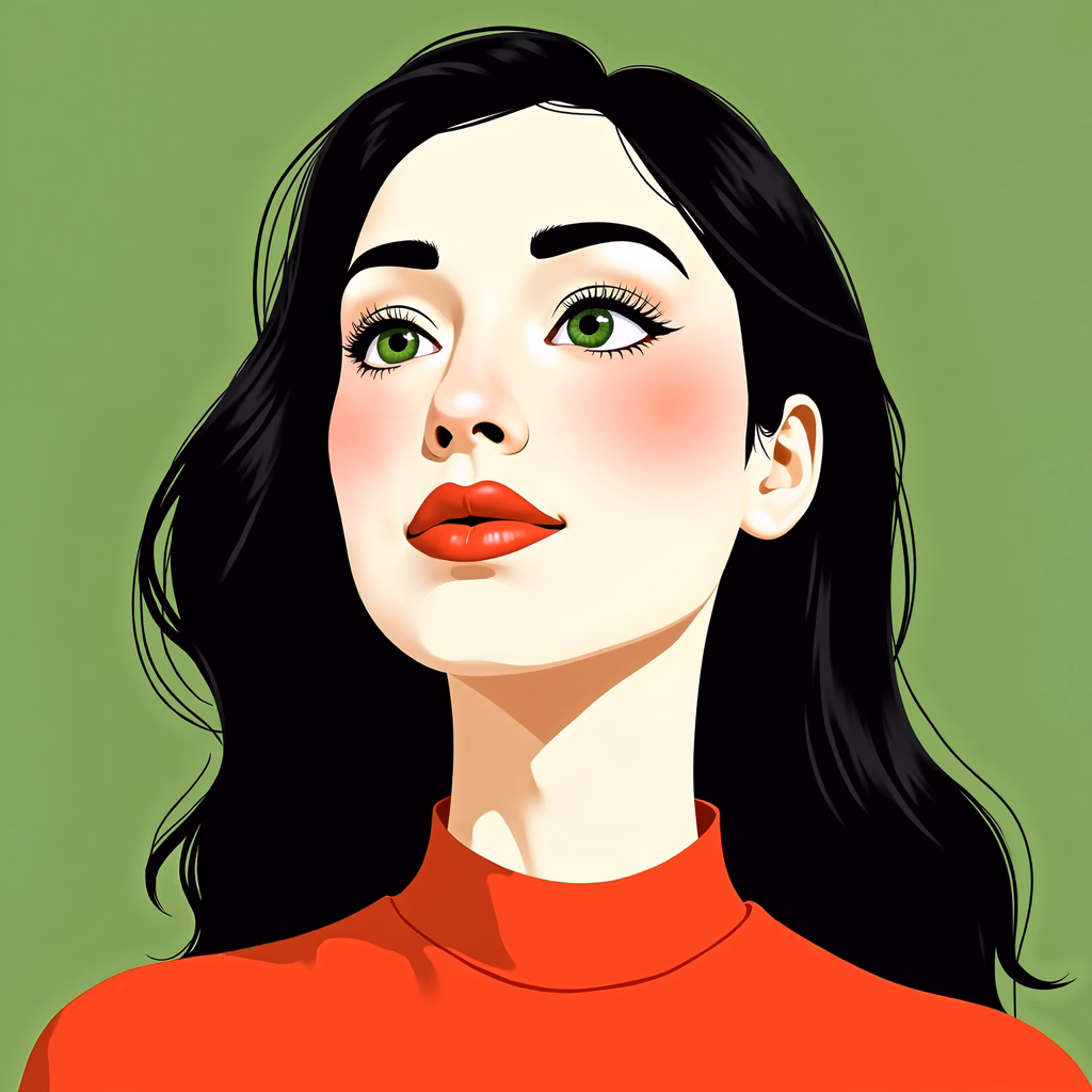 Bold pop art portrait with striking green eyes and red lips on a lime green background.