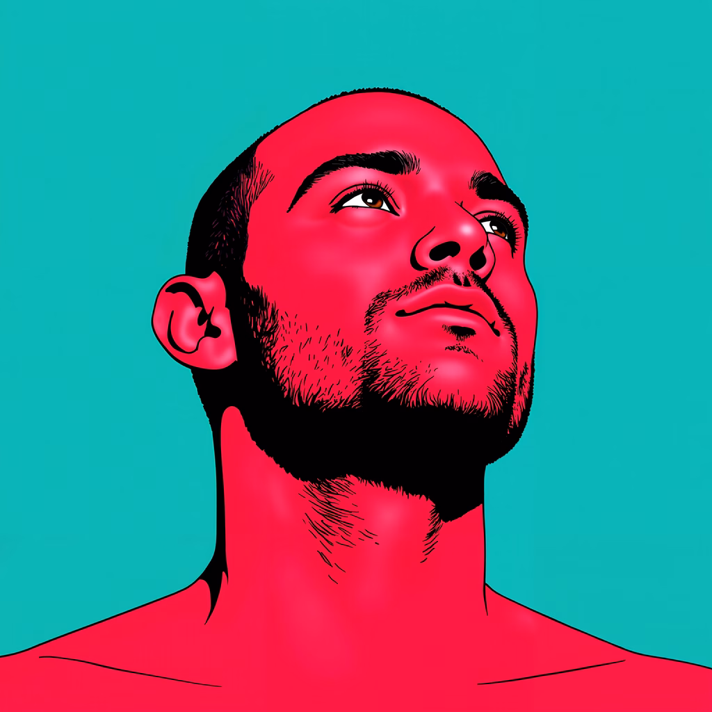 Bold pop art portrait with red face and teal background, evoking retro vibes.