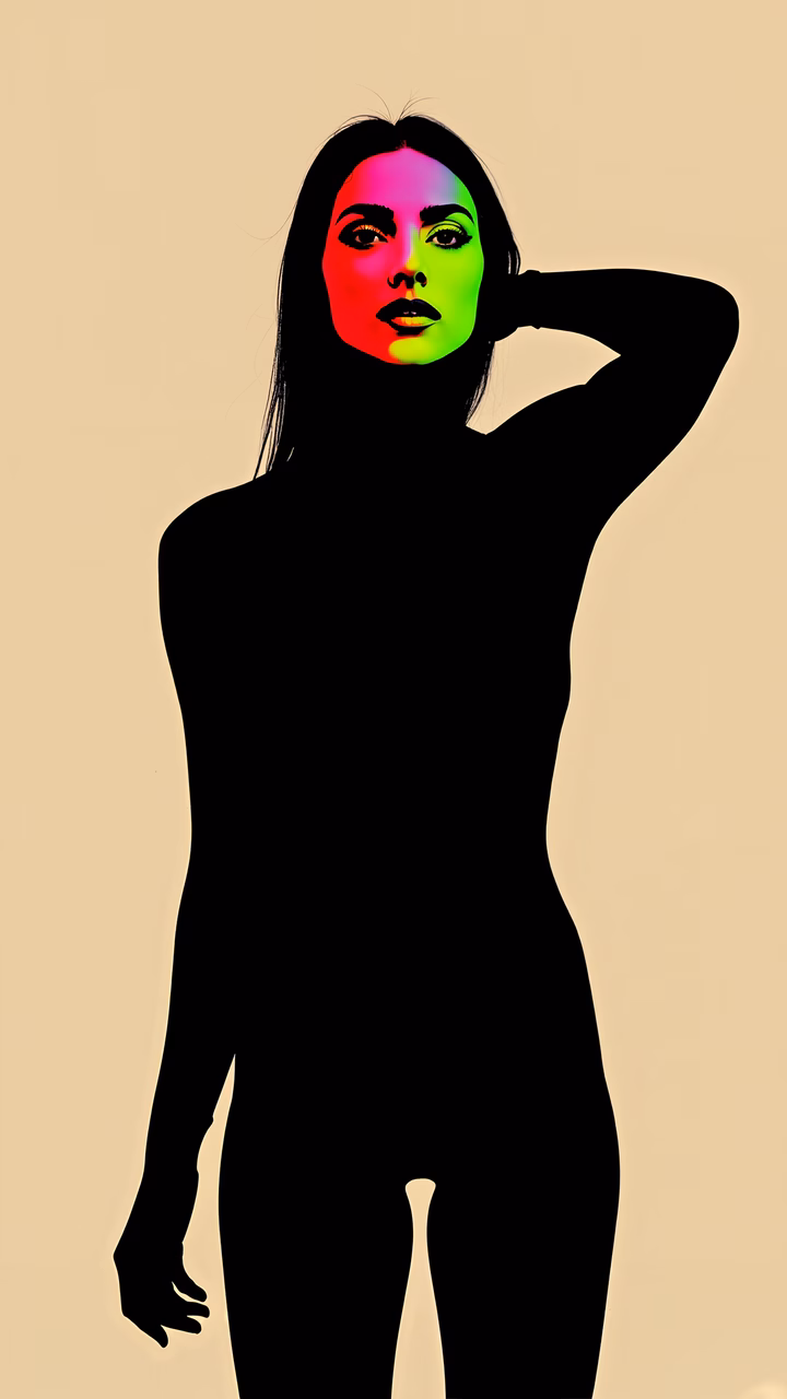 Minimalist pop art silhouette with vibrant facial colors on a beige background.