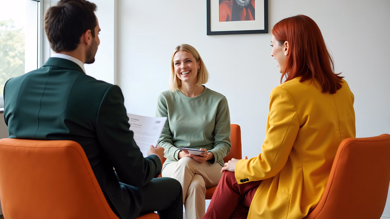 A professional meeting in a modern office setting with three individuals engaged in conversation.