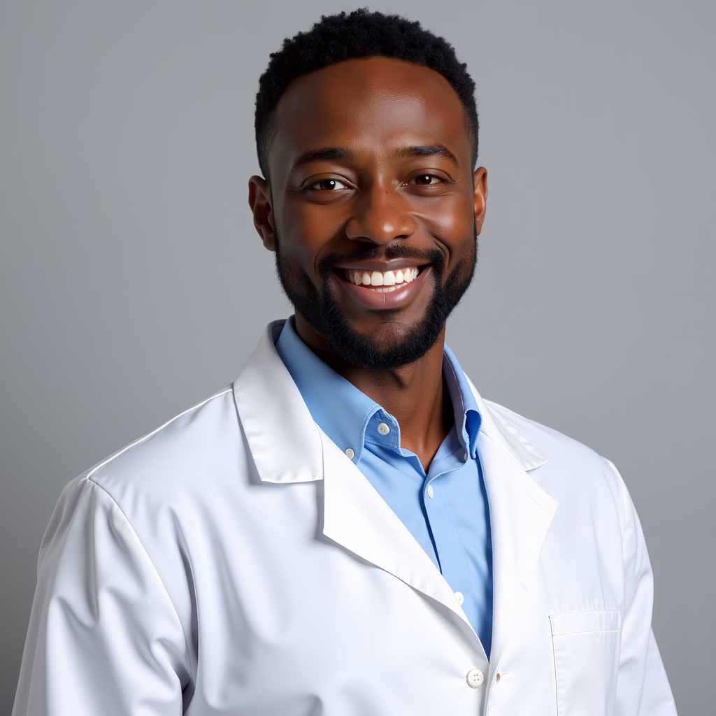 Professional headshot of a man in a white lab coat, smiling confidently.