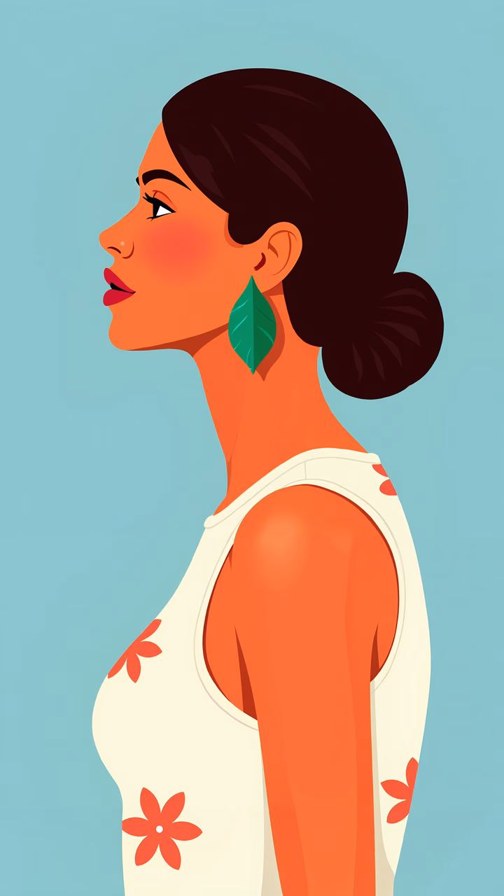 A serene side profile portrait with floral accents and leaf-shaped earrings.