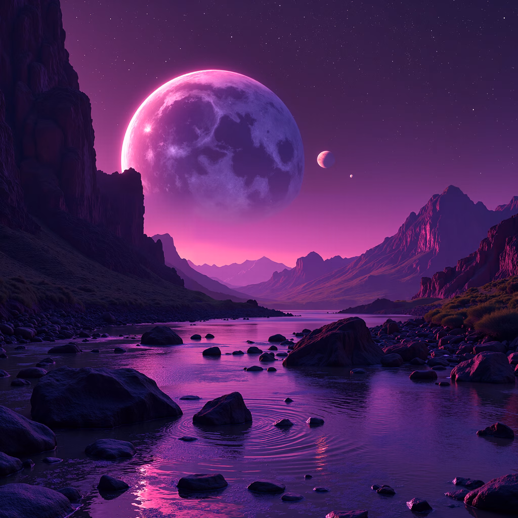 A mesmerizing night scene with a glowing pink moon reflecting on a calm river surrounded by rugged mountains.