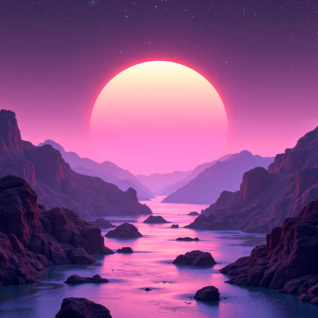 A tranquil sunset over a rocky landscape with vibrant purple hues.