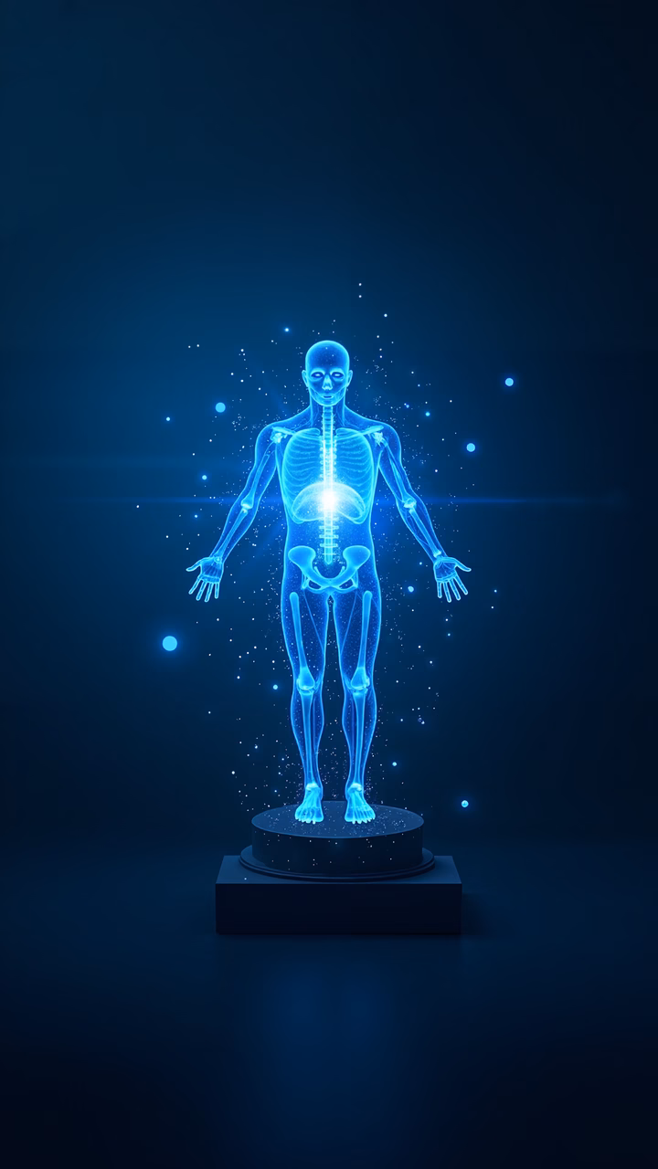A glowing human skeleton with particles floating around, symbolizing inner vitality and medical visualization.