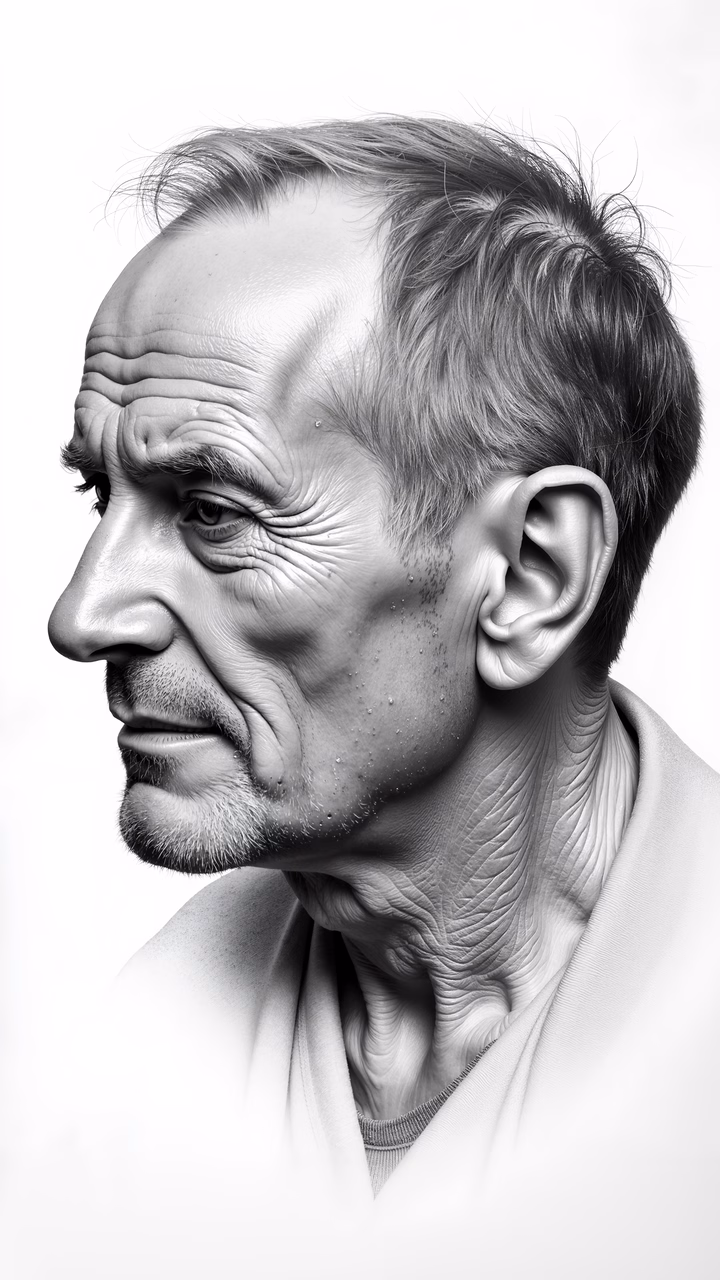Detailed black-and-white portrait of a mature individual with textured skin and contemplative expression.
